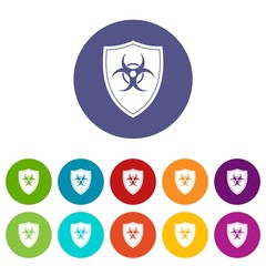 Shield with a biohazard sign set icons in different colors isolated on white background