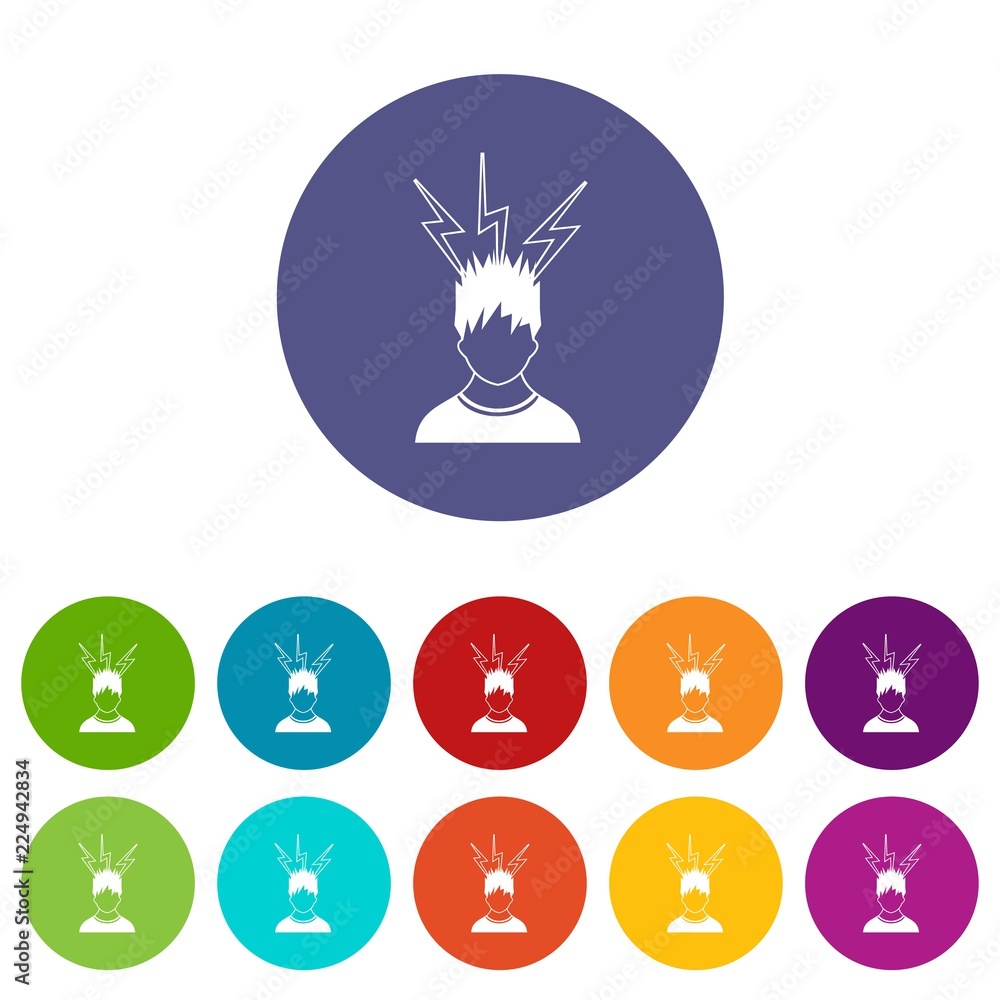 Poster lightning above the head of man set icons in different colors isolated on white background