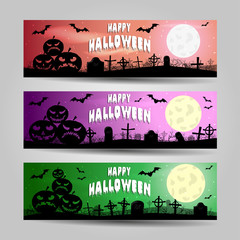 Three horizontal Halloween banners detailed vector set