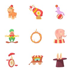 Circus icons set. Cartoon illustration of 9 circus vector icons for web