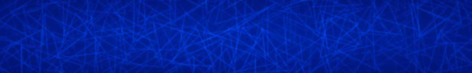 Abstract horizontal banner of randomly arranged contours of triangles on blue background