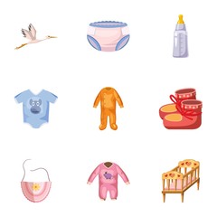 Baby supplies icons set. Cartoon illustration of 9 baby supplies vector icons for web