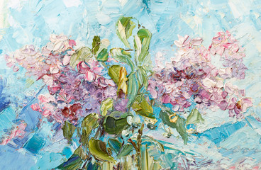 Painting oil on canvas - Bouquet of pink lilac against the blue sky.