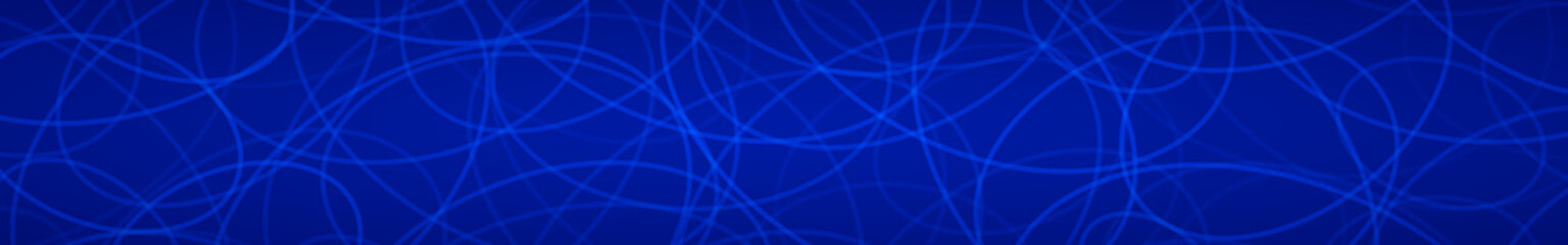 Abstract horizontal banner of randomly arranged contours of elipses on blue background