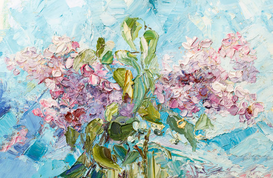 Painting oil on canvas - Bouquet of pink lilac against the blue sky.