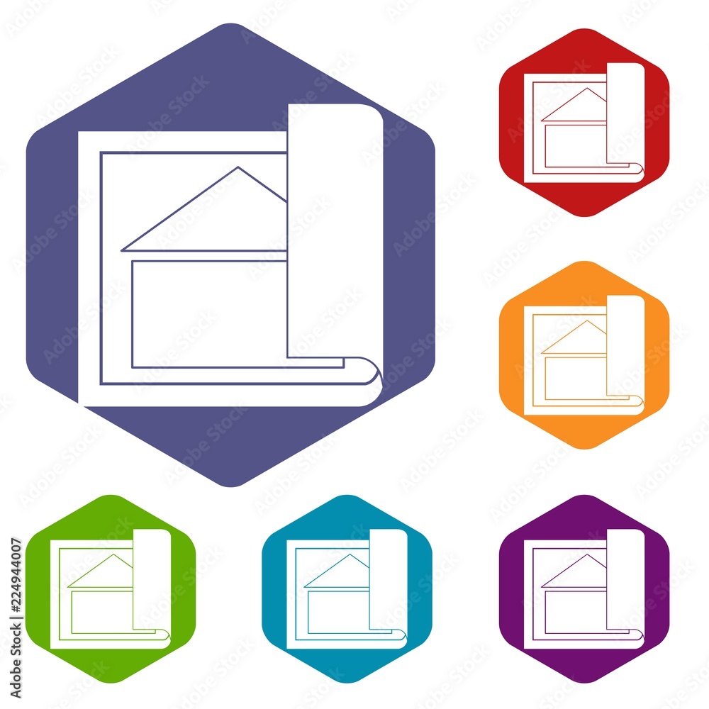 Poster building plan icons set rhombus in different colors isolated on white background
