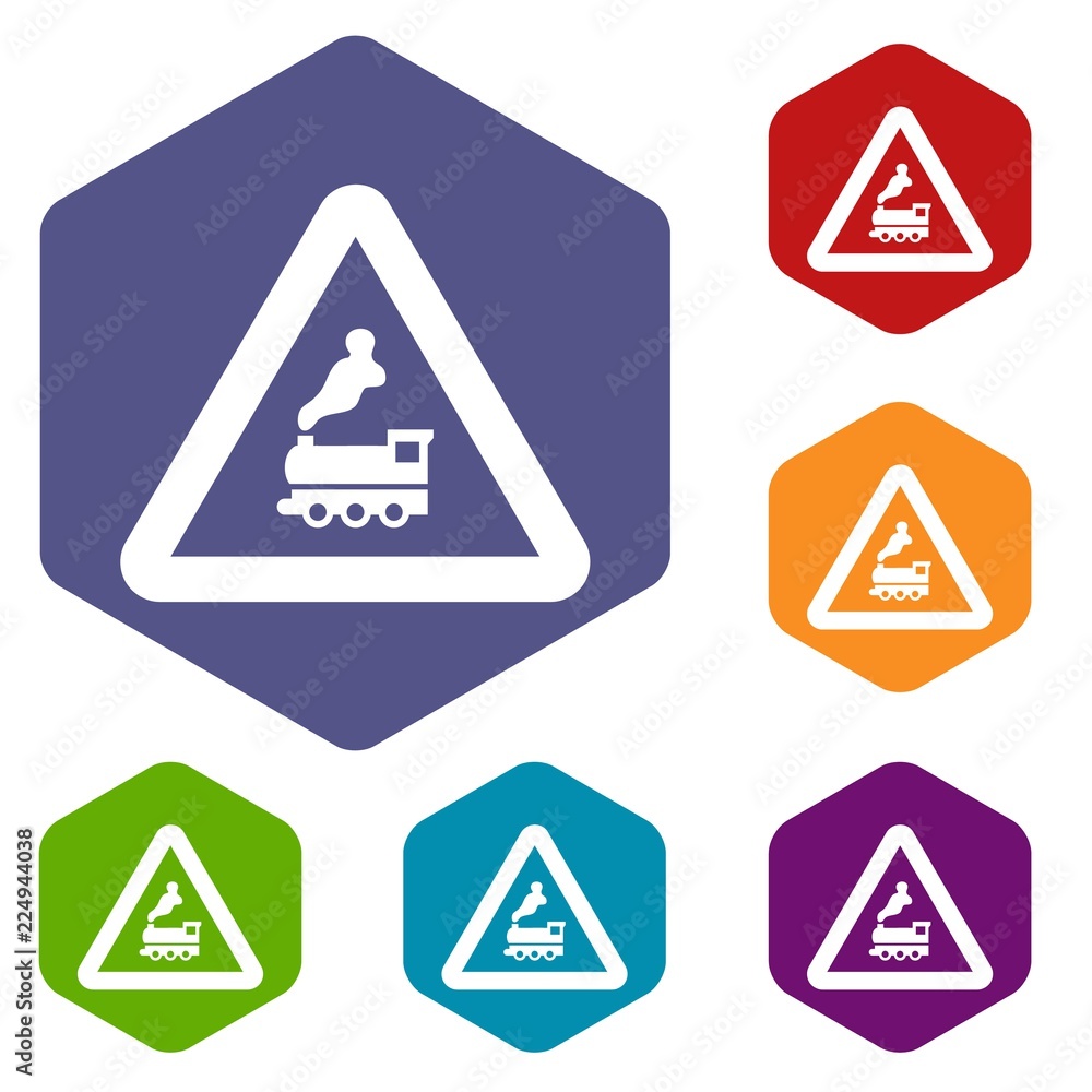 Aufkleber warning sign railway crossing without barrier icons set rhombus in different colors isolated on whit