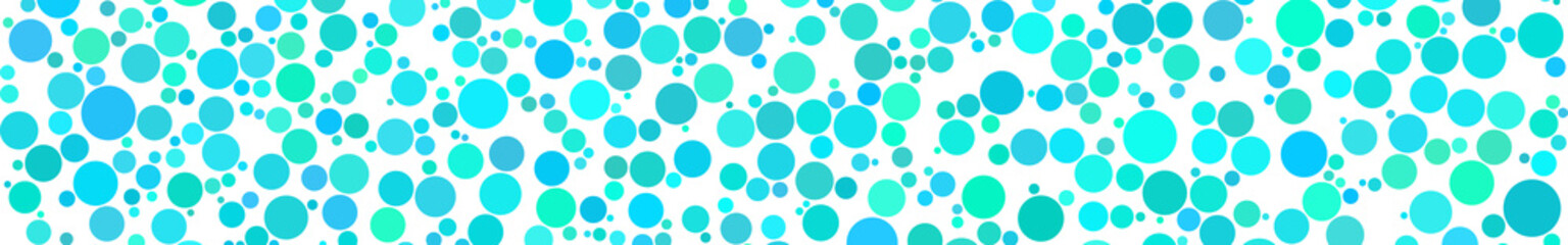Abstract horizontal banner of circles of different sizes in shades of light blue colors on white background