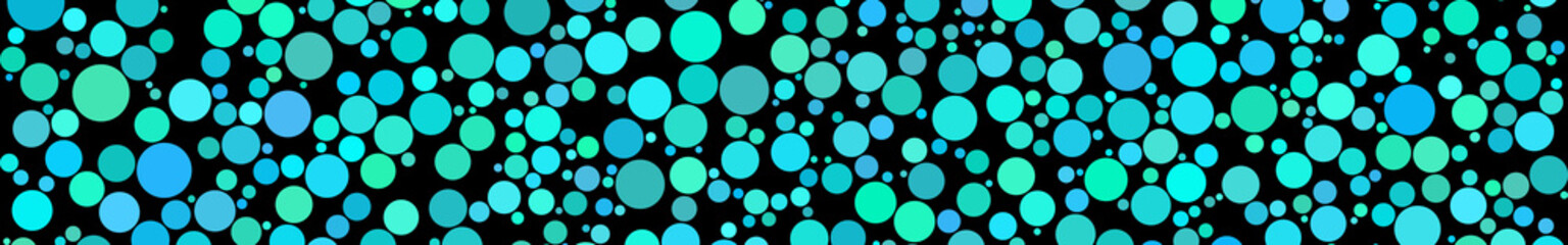 Abstract horizontal banner of circles of different sizes in shades of light blue colors on black background