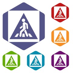 Pedestrian road sign icons set rhombus in different colors isolated on white background