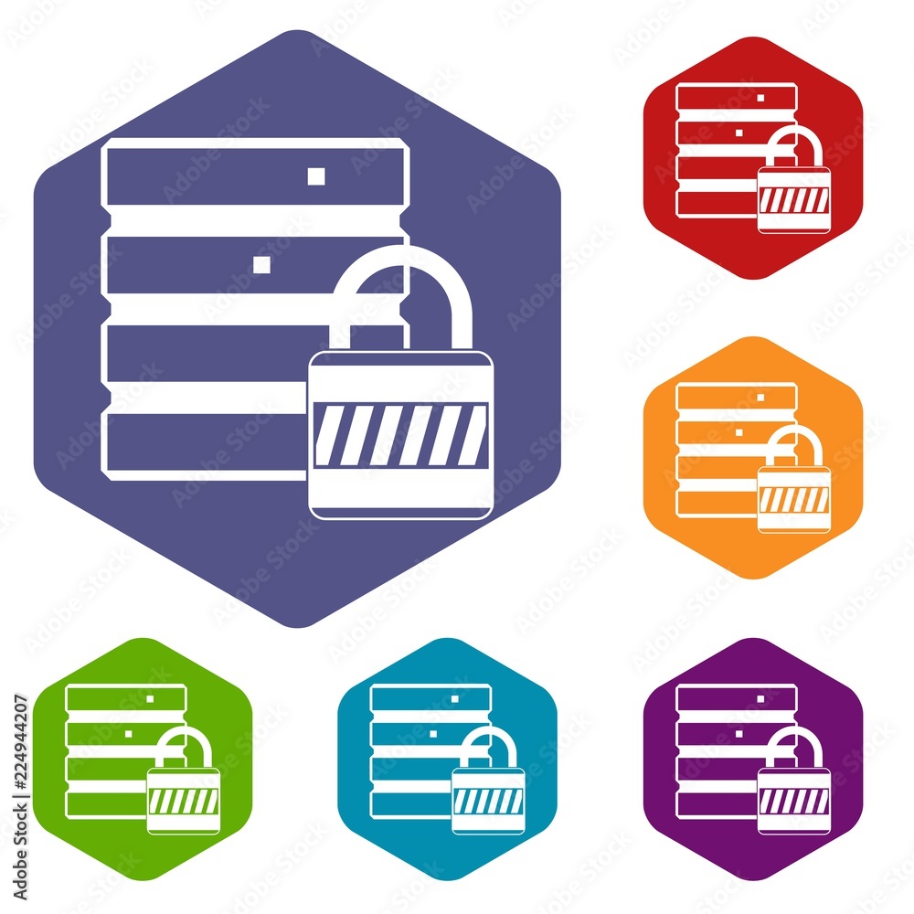 Poster database with padlock icons set rhombus in different colors isolated on white background