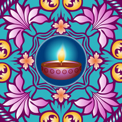 Carte pour Diwali, la fête des lumières en Inde. Une illustration avec au centre une bougie dans une pot décoré mauve sur un fond bleu aux motifs florals rose et orange.