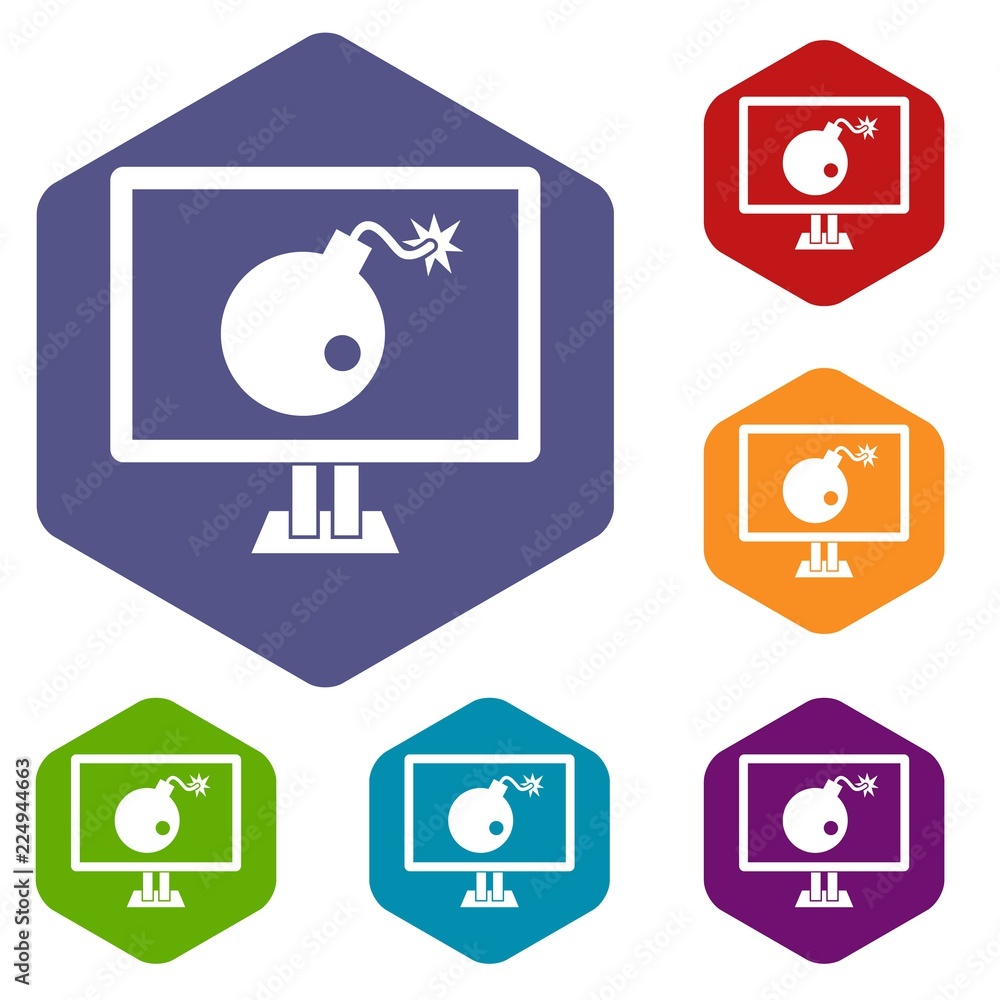 Aufkleber bomb on computer monitor icons set rhombus in different colors isolated on white background