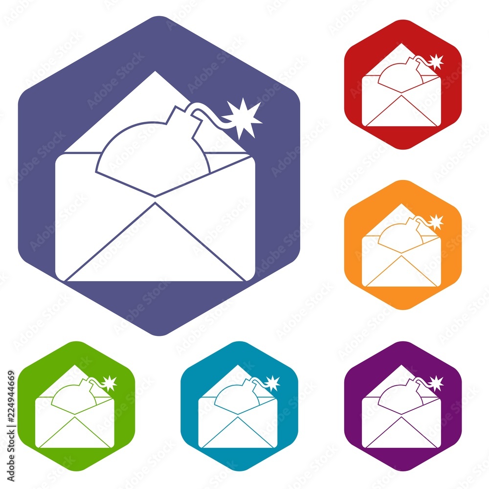 Poster envelope with bomb icons set rhombus in different colors isolated on white background