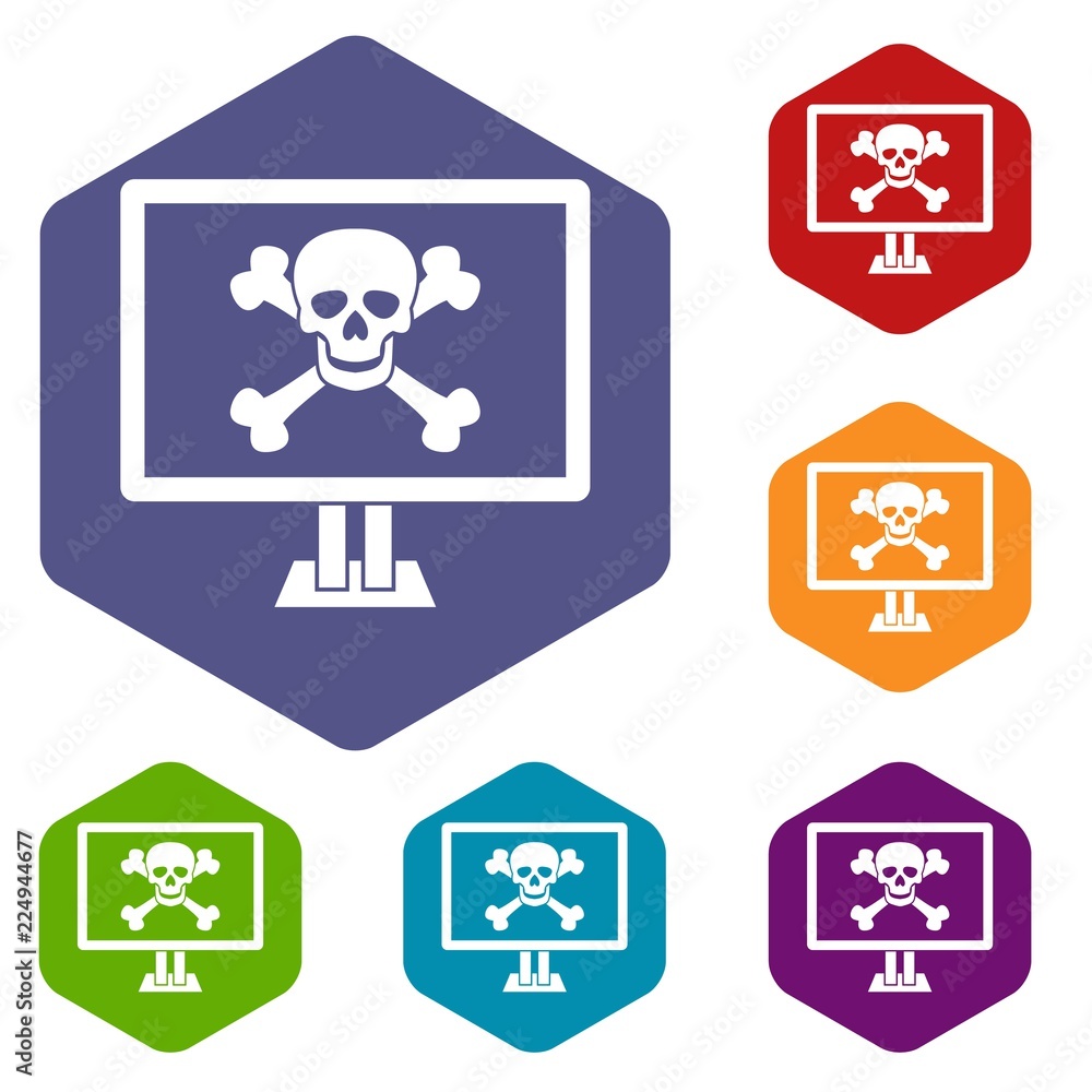 Poster computer monitor with a skull and bones icons set rhombus in different colors isolated on white back