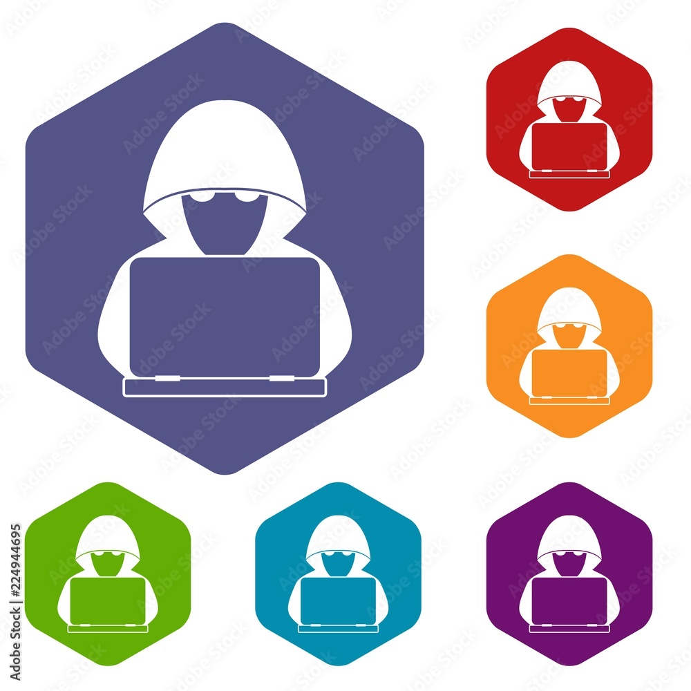 Poster computer hacker with laptop icons set rhombus in different colors isolated on white background