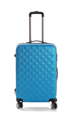 Blue suitcase for travelling on white background