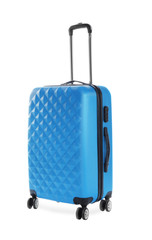 Blue suitcase for travelling on white background