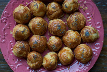 National Azerbaijanian cuisine Gogal on plate on wooden table background,close-up, top view