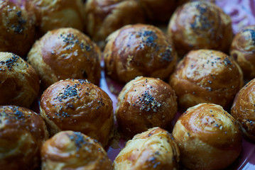 National Azerbaijanian cuisine Gogal on plate on wooden table background,close-up, top view