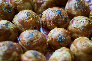 National Azerbaijanian cuisine Gogal on plate on wooden table background,close-up, top view