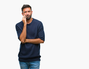 Fototapeta premium Adult hispanic man over isolated background thinking looking tired and bored with depression problems with crossed arms.