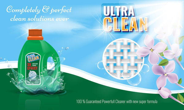 Gel laundry detergent advertising template with flower or floral border. Vector illustration.