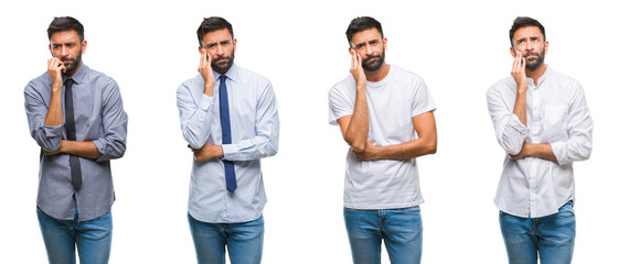 Collage of young man wearing casual look over white isolated backgroud thinking looking tired and...