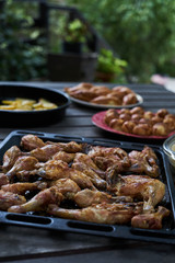 Grilled chicken drumsticks background, close-up. Roasted chicken legs, Cooked with sauce