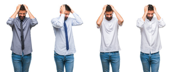 Collage of young man wearing casual look over white isolated backgroud suffering from headache desperate and stressed because pain and migraine. Hands on head.