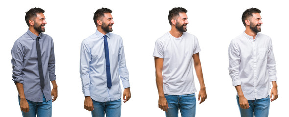 Fototapeta premium Collage of young man wearing casual look over white isolated backgroud looking away to side with smile on face, natural expression. Laughing confident.