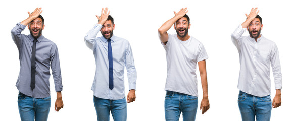 Collage of young man wearing casual look over white isolated backgroud surprised with hand on head for mistake, remember error. Forgot, bad memory concept.