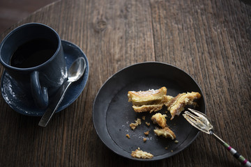 background image of all that remains of a delicious . Plate with crumbs and used fork on wood background with copy space.