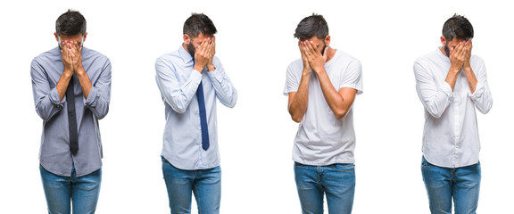Collage of young man wearing casual look over white isolated backgroud with sad expression covering face with hands while crying. Depression concept.
