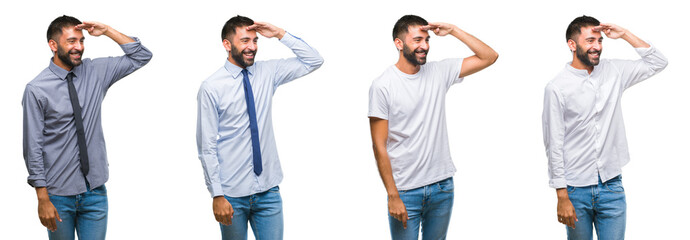 Collage of young man wearing casual look over white isolated backgroud very happy and smiling...