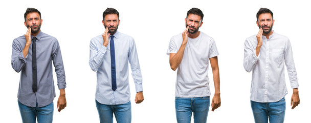 Collage of young man wearing casual look over white isolated backgroud touching mouth with hand with painful expression because of toothache or dental illness on teeth. Dentist concept.