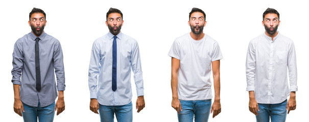 Collage of young man wearing casual look over white isolated backgroud making fish face with lips, crazy and comical gesture. Funny expression.