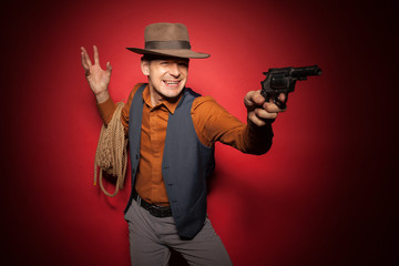 cowboy with a pistol, a gold miner adventure guy in a hat with a gun,
