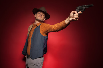 cowboy with a pistol, a gold miner adventure guy in a hat with a gun,