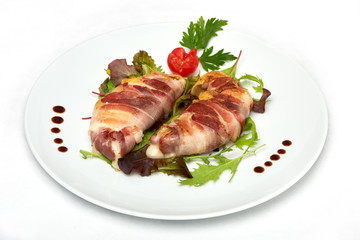 Italian food, Grilled provolone cheese with smoked panceta, served on white plate, isolated on white background