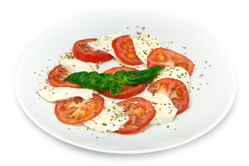 Mozzarela buffala alla caprese, classic italian appertizer, Mozzarella with tomatoes served on white plate, isolated on white background