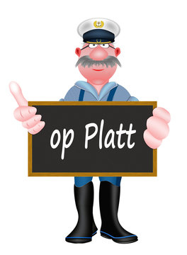 op Platt, auf Plattdeutsch, Seemann mit Schild, wei&szlig;er Hintergrund 