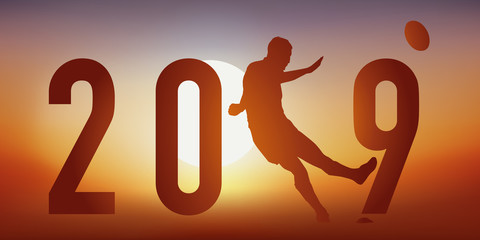 Carte de vœux 2019 sur le thème du rugby, avec un rugbyman en pleine action, qui transforme un essais