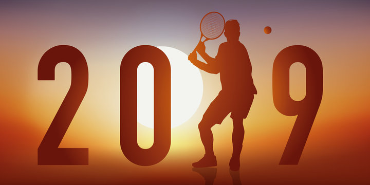 Carte de vœux 2019 sur le thème du tennis, avec un tennisman en pleine action, qui fait un revers