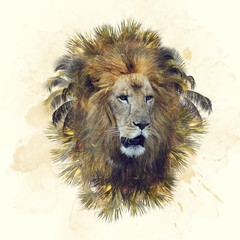 Double exposure of lion head and palm trees © SunnyS