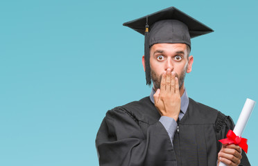 Young handsome graduated man holding degree over isolated background cover mouth with hand shocked with shame for mistake, expression of fear, scared in silence, secret concept