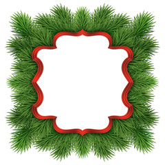 Christmas greeting card template, green fir tree frame isolated on white background, blank space for text, illustration
