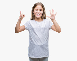 Young beautiful girl over isolated background showing and pointing up with fingers number six while smiling confident and happy.