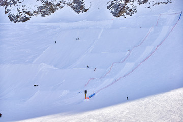 Winter landscape, Val Senales Italian glacier ski resort in sunny day, Panorama of Italian Alps