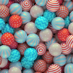 Fototapeta na wymiar 3d render, digital illustration, Christmas red blue balls, abstract backdrop, macro toys, playground, playful, seasonal background